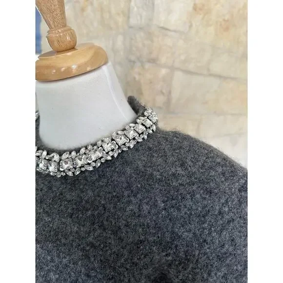 SELF-PORTRAIT Cropped crystal-embellished knitted sweater Gray Size Large - Picture 7 of 11